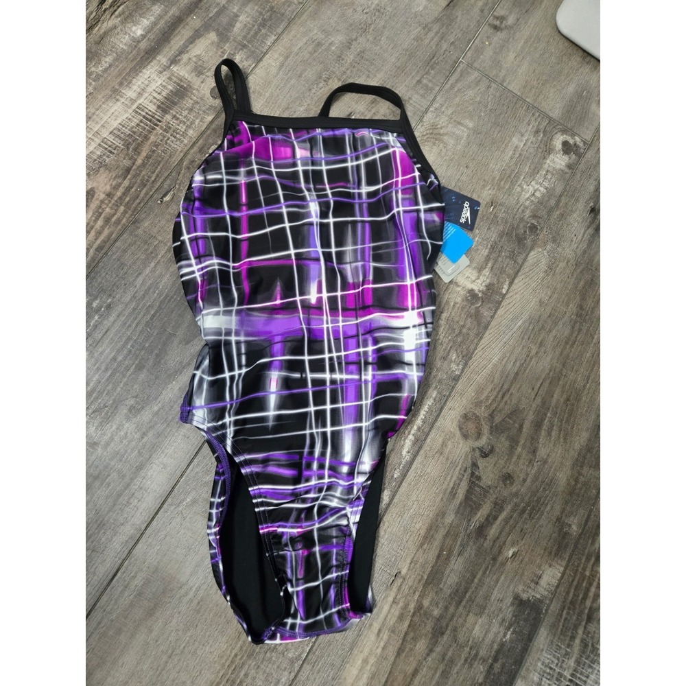 NWT Speedo PowerFLEX Eco Laser Sticks Flyback OnePiece Swim Women Purple Sz30/Sm